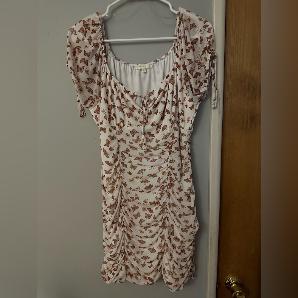 White dress with brown butterflies